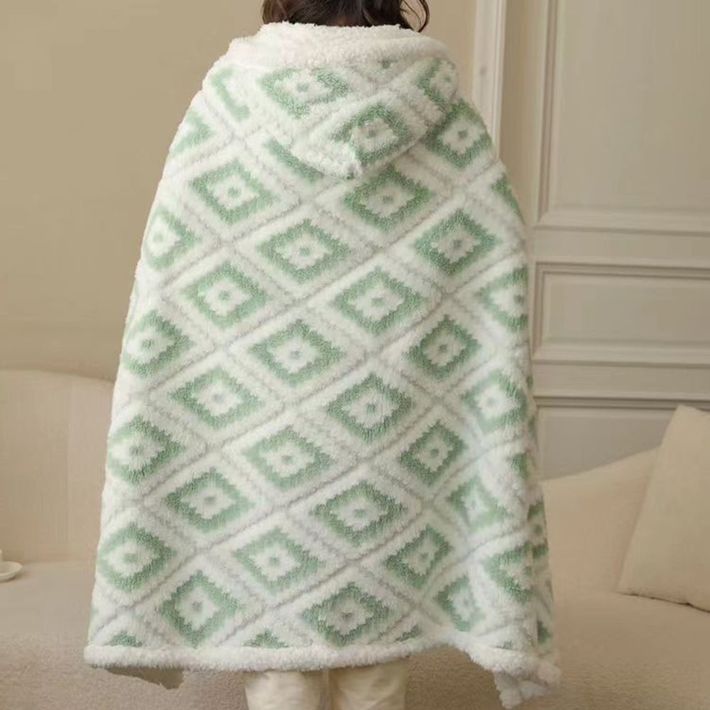 Winter Warm Blanket Jacquard Thickened Multi-Functional Blanket with Hood and Gloves Green
