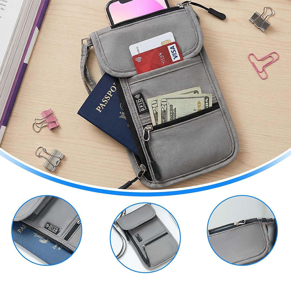 RFID Lined Travel Passport Holder Neck Wallet- Grey