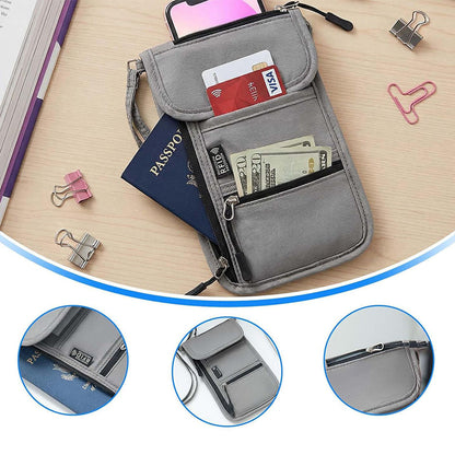 RFID Lined Travel Passport Holder Neck Wallet- Grey