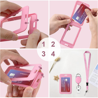 2Pcs Retractable Badge Holder with Lanyard for ID Cards-Pink