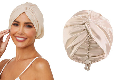 Adjustable Silk Bonnet Hair Bonnet for Women Curly Natural Braid Straight Hair-Beige