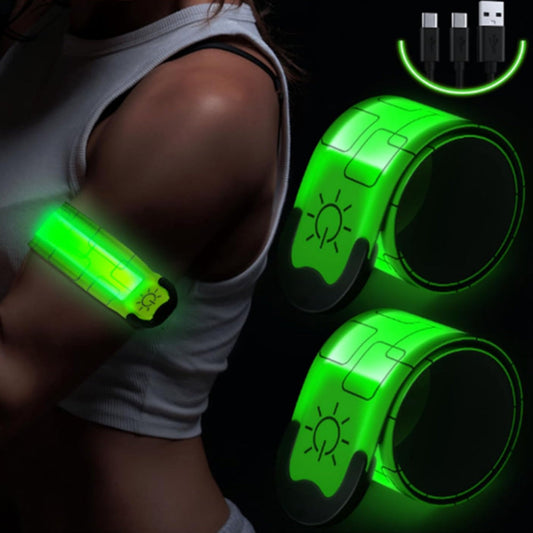 2Pcs Rechargeable  Glowing Bracelet LED Slap Wristband Night Running Security Armband Strap Green