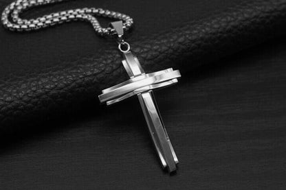 Crucifix Pendant Necklace Titanium Steel Unisex Chain -Silver