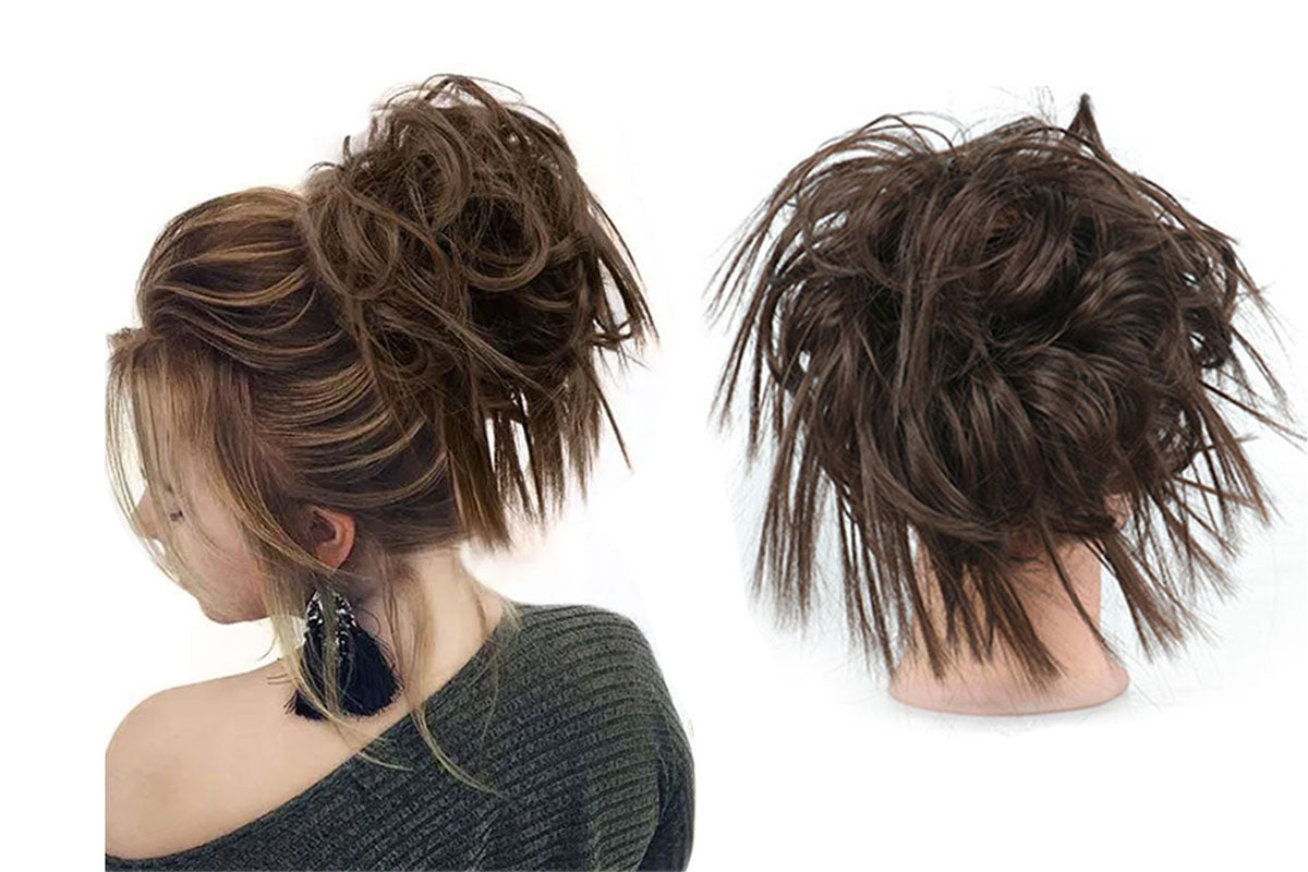 High-Temperature Fiber Curly Wavy Scrunchy Messy Hair Bun-Medium Brown
