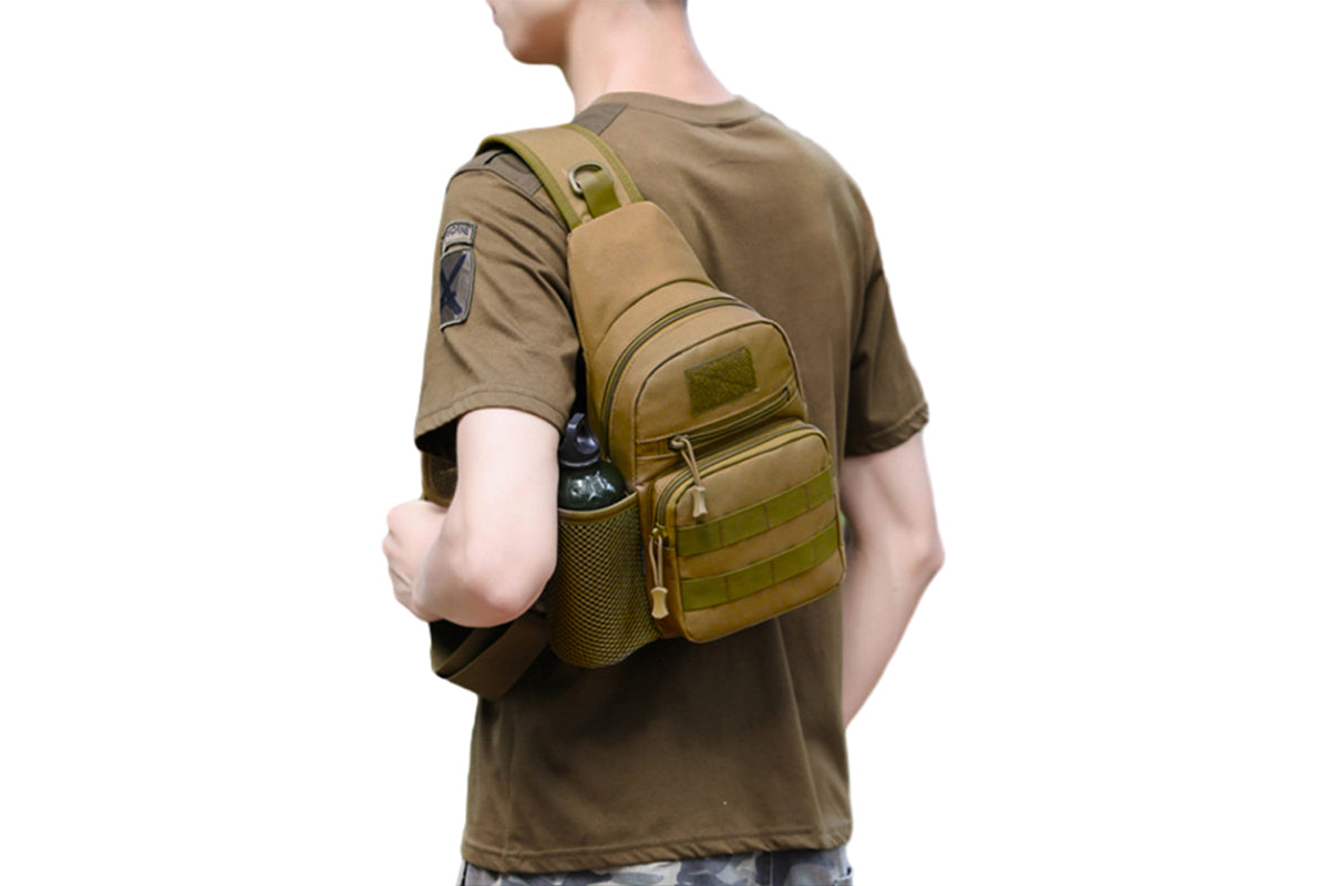 2Pcs Tactical Sling Bag Pack With Water Bottle Holder Shoulder Messenger Bag-Brown