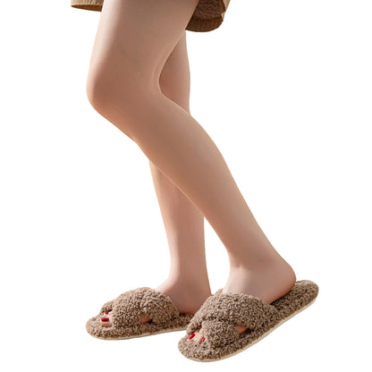 Women Fuzzy Cross Band Slippers Plush Indoor House Shoes Non Slip-Coffee