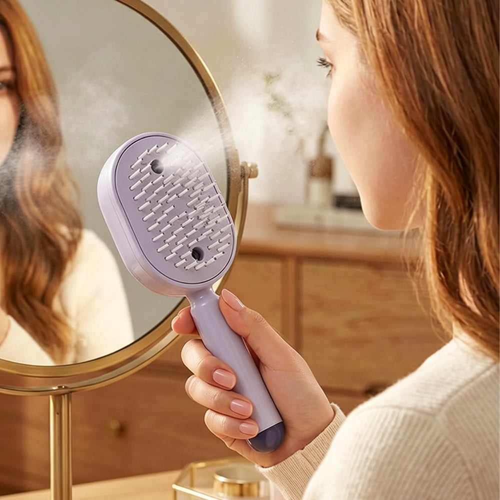 Electric Steam Hair Brush Mist Spray Cushion Comb for Smoothing Frizz-Purple