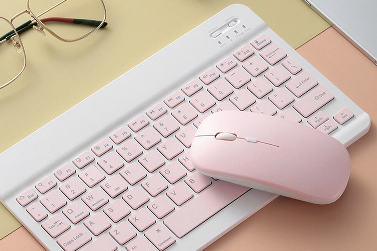 Ultra Slim Portable Wireless Bluetooth Keyboard Mouse Combo for Tablet Laptop -Pink