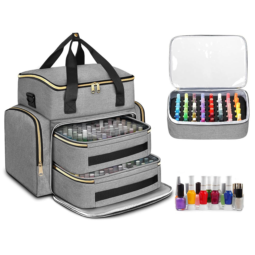 Double Layer Portable Nail Polish Organizer Bag with Removable Pouches-Grey