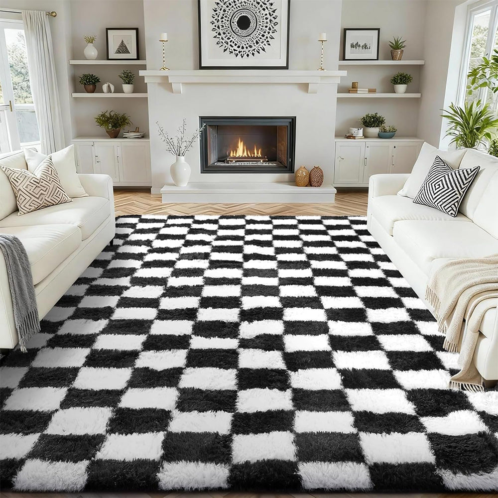Checkered Plush Shaggy Rug Thickened Non Slip Carpet for Living Room Bedroom-Black