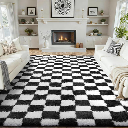 Checkered Plush Shaggy Rug Thickened Non Slip Carpet for Living Room Bedroom-Black
