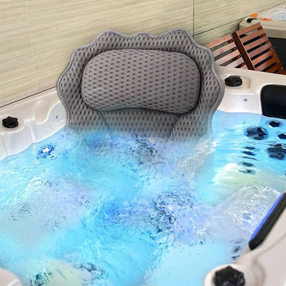 Bath Pillow with Headrest and 6 Suction Cups for Tub Support and Relaxation Grey