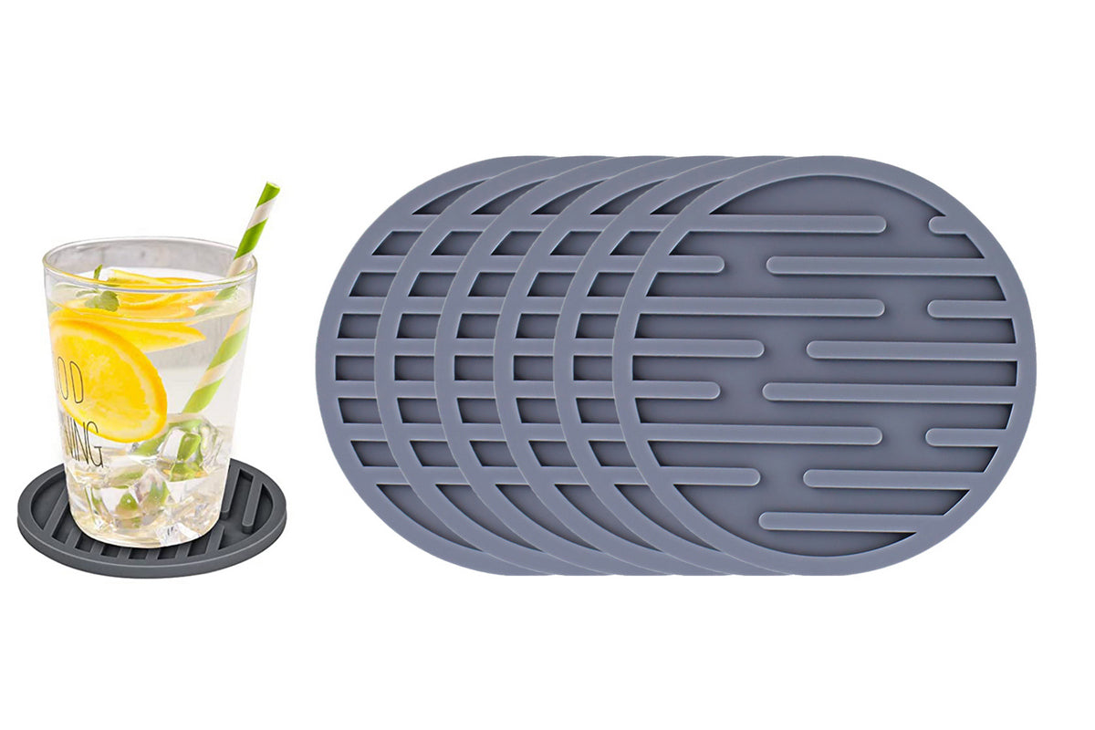 6Pcs For Home Decor Non-Slip And Non-Stick Round Silicone Absorbent Scald-Proof Drink Coasters-Grey