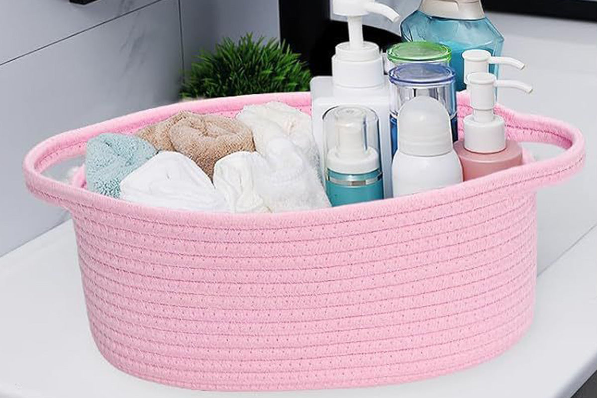 Gift Basket With Gift Bag And Ribbons Woven Storage Basket With Handle-Pink