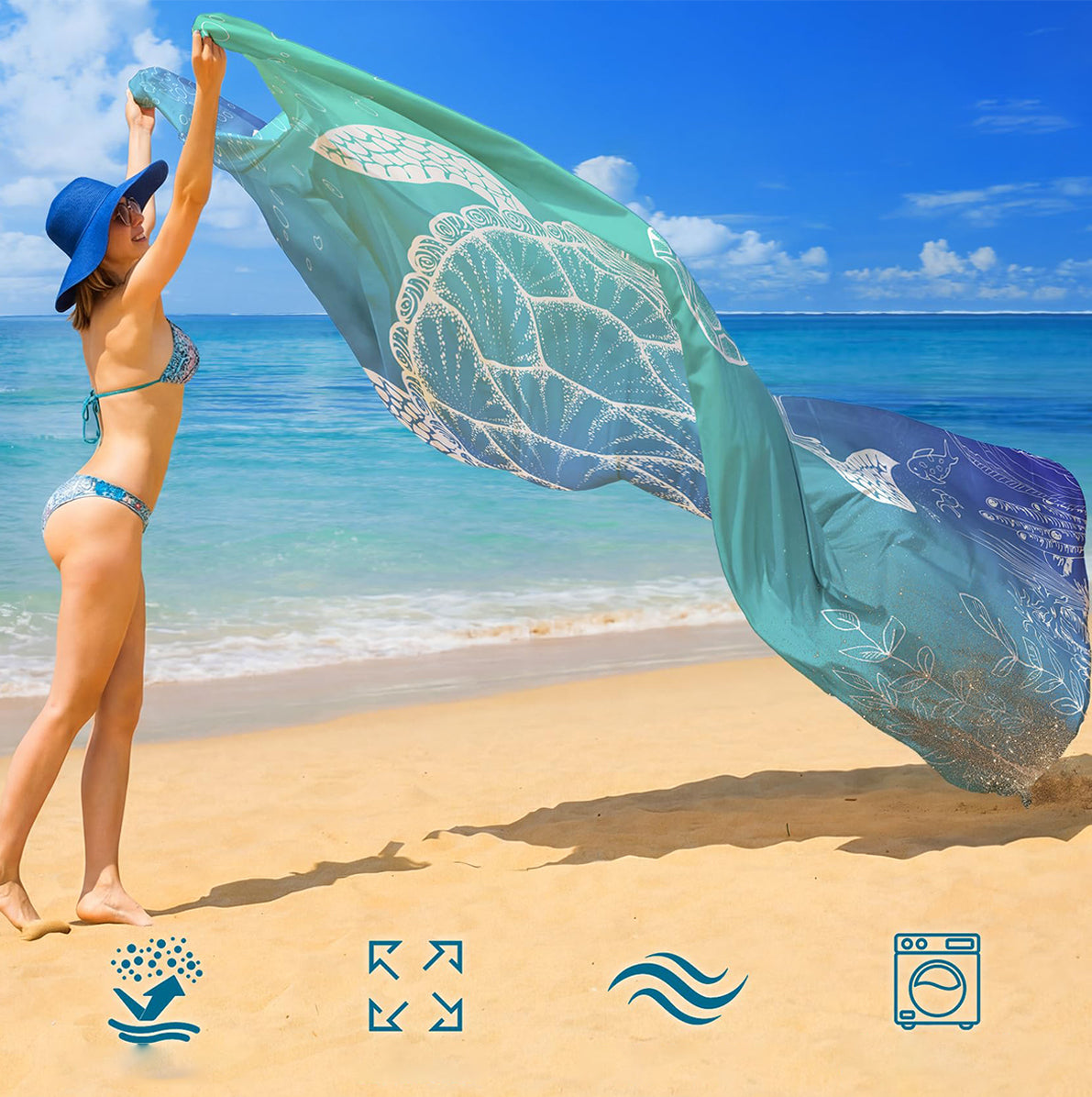 Waterproof Beach Mat Picnic Blanket with Stakes - Blue