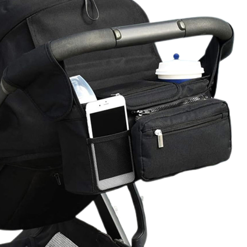 Universal Stroller Organizer with Cup Holder Travel Essential Caddy with Shoulder Strap Black