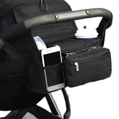 Universal Stroller Organizer with Cup Holder Travel Essential Caddy with Shoulder Strap Black