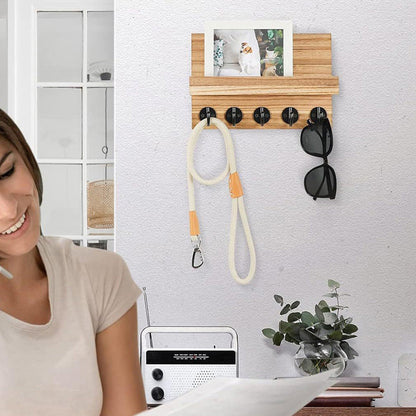 Rustic Wall Mounted Mail and Key Holder Organizer with Hooks for Entryway Wood Color