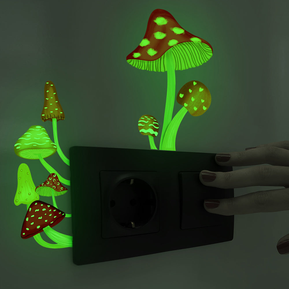 2Pcs Glow in The Dark Mushroom Wall Sticker Luminous Mushroom Light Switch Decals Red and Multicolour
