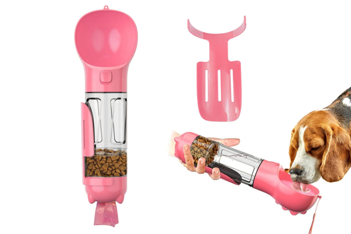 4 in1 Pet Feeder 300ml Dog Cat Water Bottle Travel Pooper Scooper For Outdoor-Pink