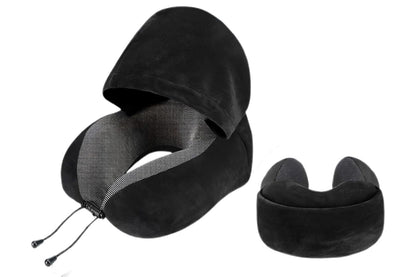 Hooded Travel Pillow with 3D Eye Masks Memory Foam Neck Pillow for Airplane Sleeping-Black