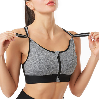 Adjustable Supportive Sports Bra with Front Zipper for Women-Grey