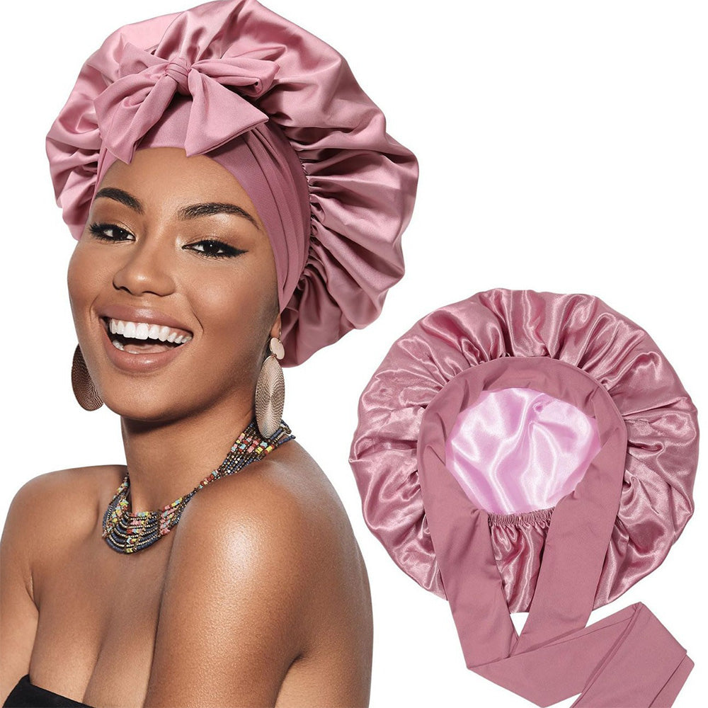 Satin Night Sleep Cap for Women Hair Bonnet with Elastic Band Pink