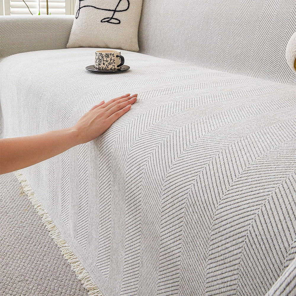Herringbone Tassel Sofa Throw Cover Large Blanket for Couch Furniture Protector-Beige