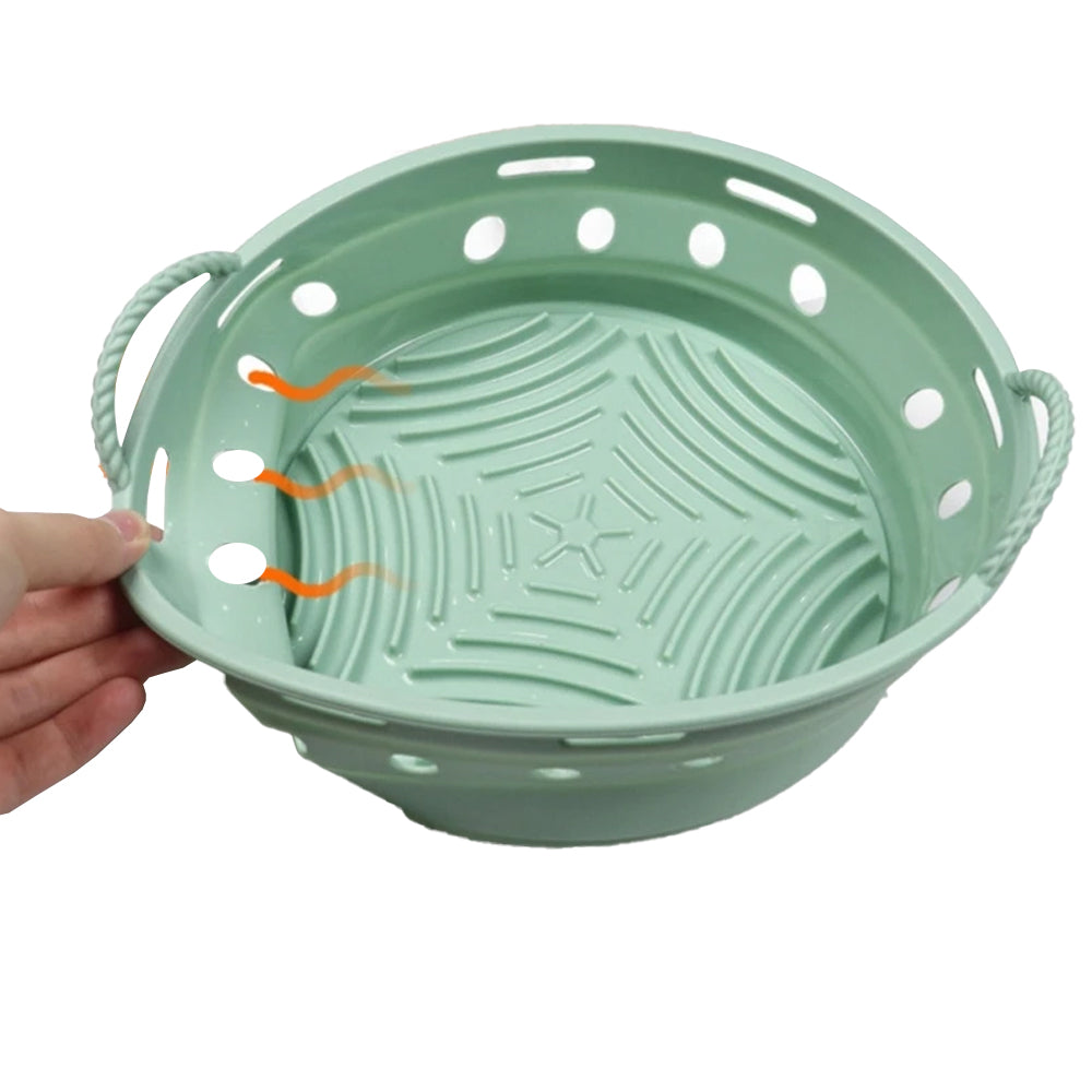 2Pcs Round Foldable Air Fryer Silicone Pot Reusable Air Fryer Basket Oven Baking Tray Pan Air Fryer Liner Green and Blue
