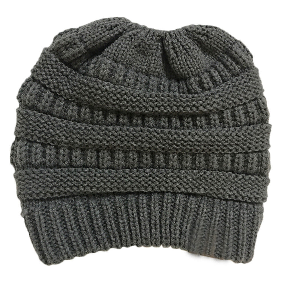 Winter Cable Knit Ponytail Beanie High Bun Crochet Hat - Grey