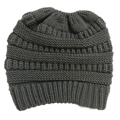 Winter Cable Knit Ponytail Beanie High Bun Crochet Hat - Grey