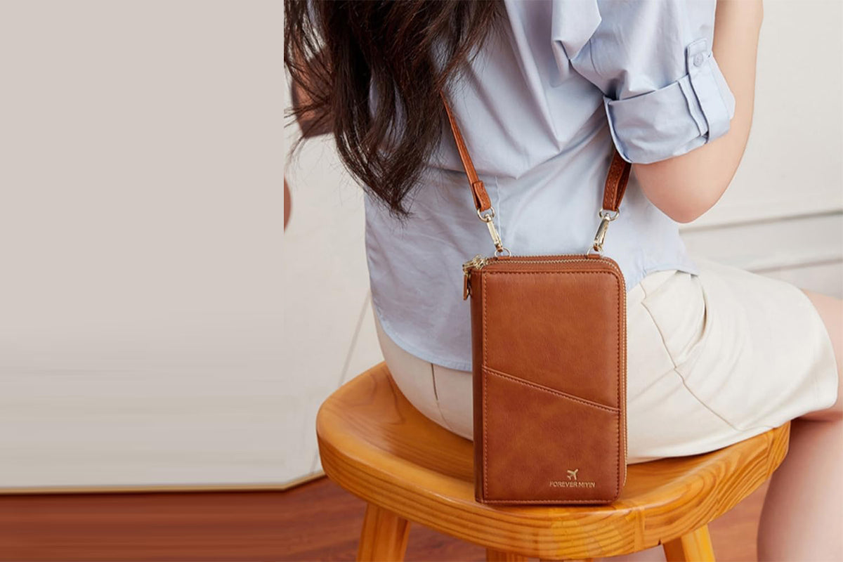 RFID Blocking Passport Wallet PU Document Organizer with Wristlet for Women -Brown
