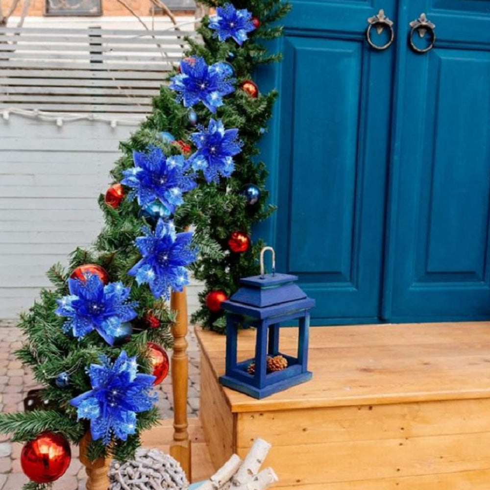 10Pcs Red and Gold Poinsettia Artificial Christmas Flowers ¨C Xmas Tree Ornaments Blue