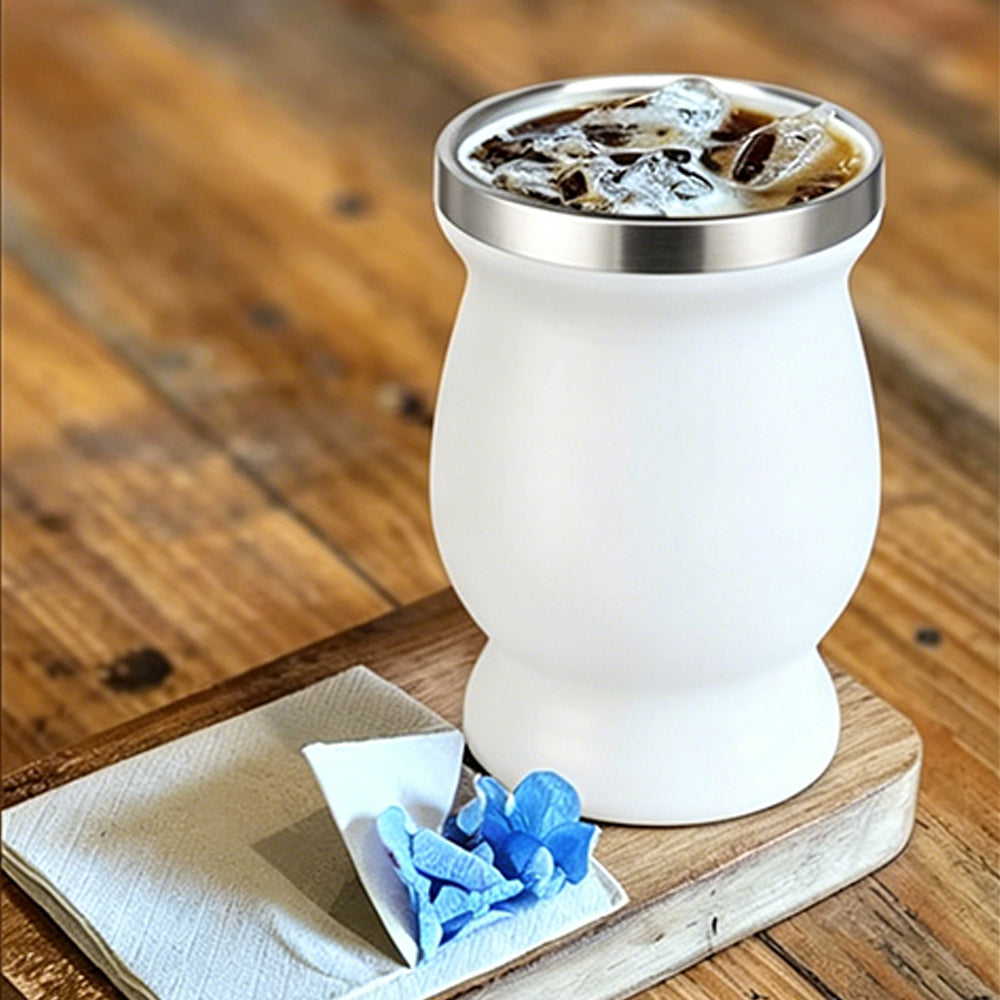 8oz 304 Stainless Steel Yerba Mate Cup Double Wall with Straw Spoon-White