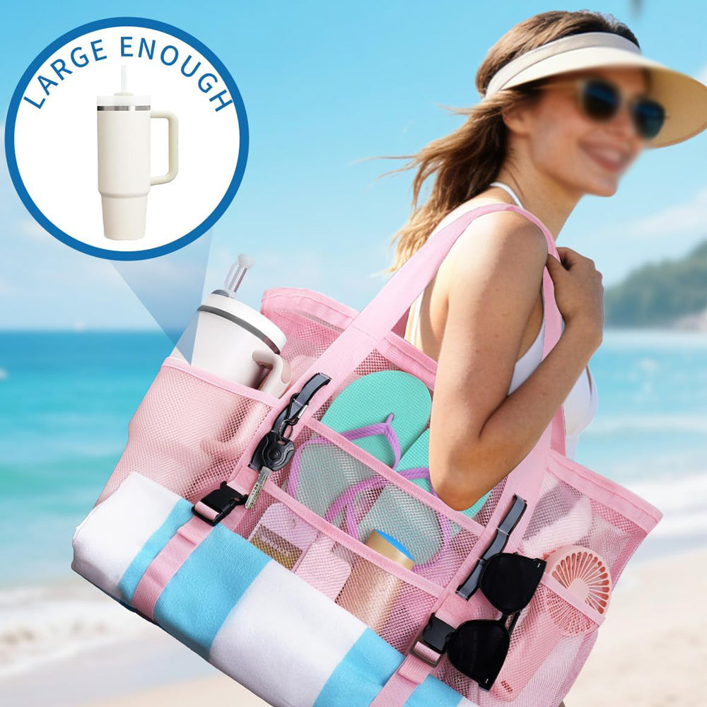 Mesh Beach Bag Large Capacity Tote Bag - Pink