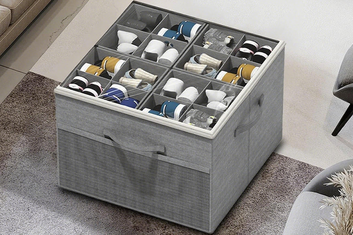 Shoe Organizer Foldable Shoe Storage Containers with Dividers and Lid -Grey