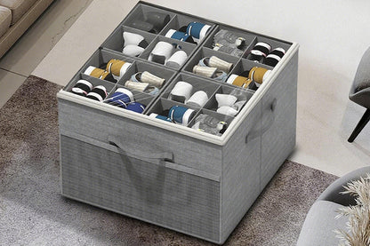 Shoe Organizer Foldable Shoe Storage Containers with Dividers and Lid -Grey