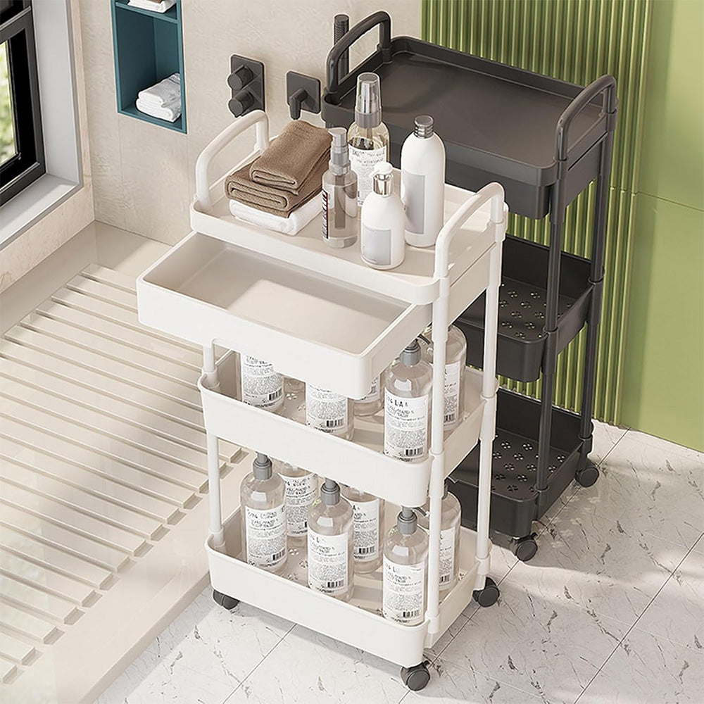 3 Tier Rolling Utility Cart with Removable Drawer for Kitchen Snack Craft-White