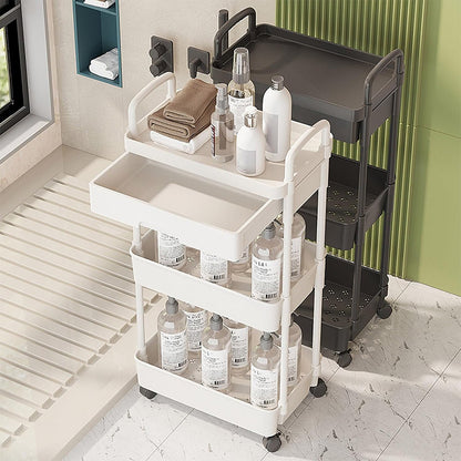 3 Tier Rolling Utility Cart with Removable Drawer for Kitchen Snack Craft-White