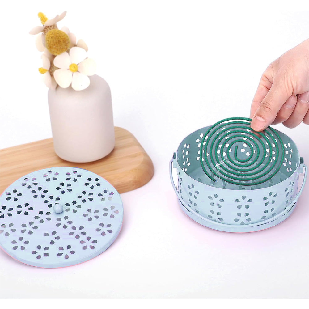 Metal Mosquito Coil Holder with Lid Portable Hanging Incense Burner Box Blue