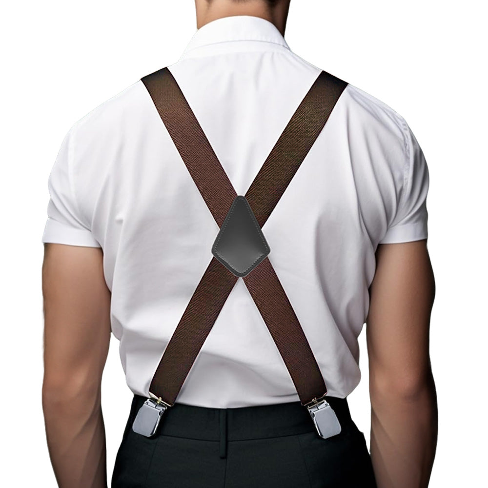 Mens X Back Elastic Suspenders with 4 Metal Clips - Coffee