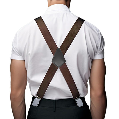 Mens X Back Elastic Suspenders with 4 Metal Clips - Coffee