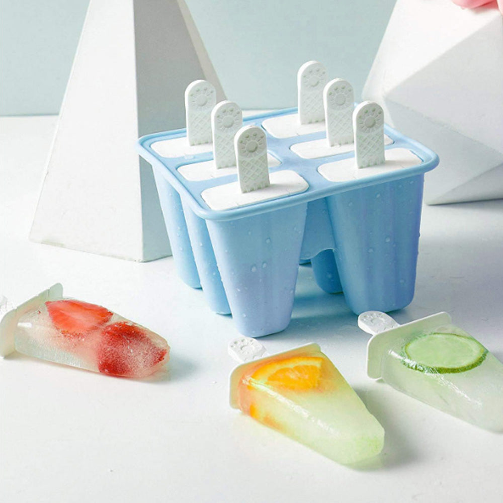 6 Cavity Ice Cream Mould Block Popsicle Molds Ice Lolly Mold With Sticks -Blue