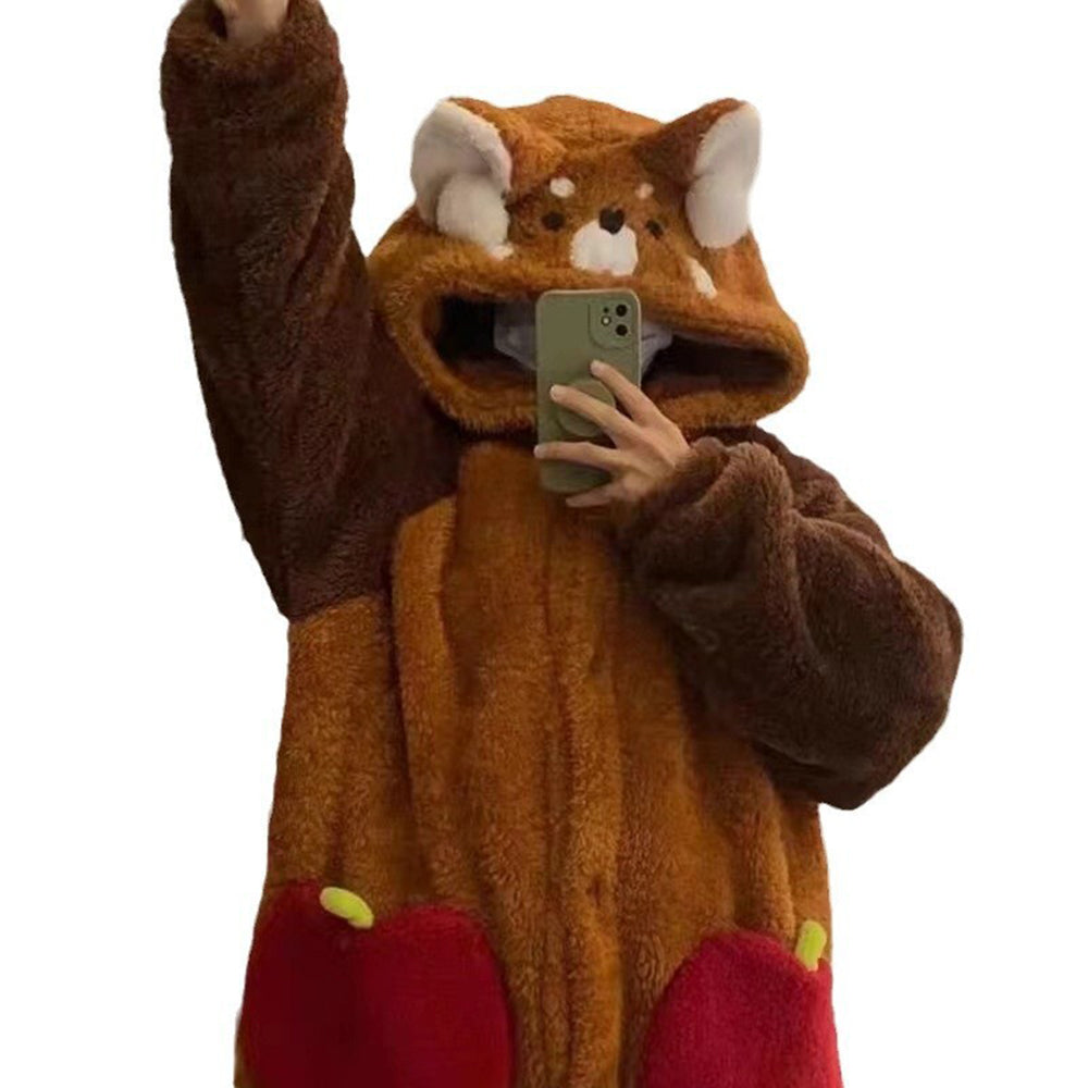 Women Hooded Pajamas Winter Sleepwear Plush Onesie Pajama with Pockets -Raccoon