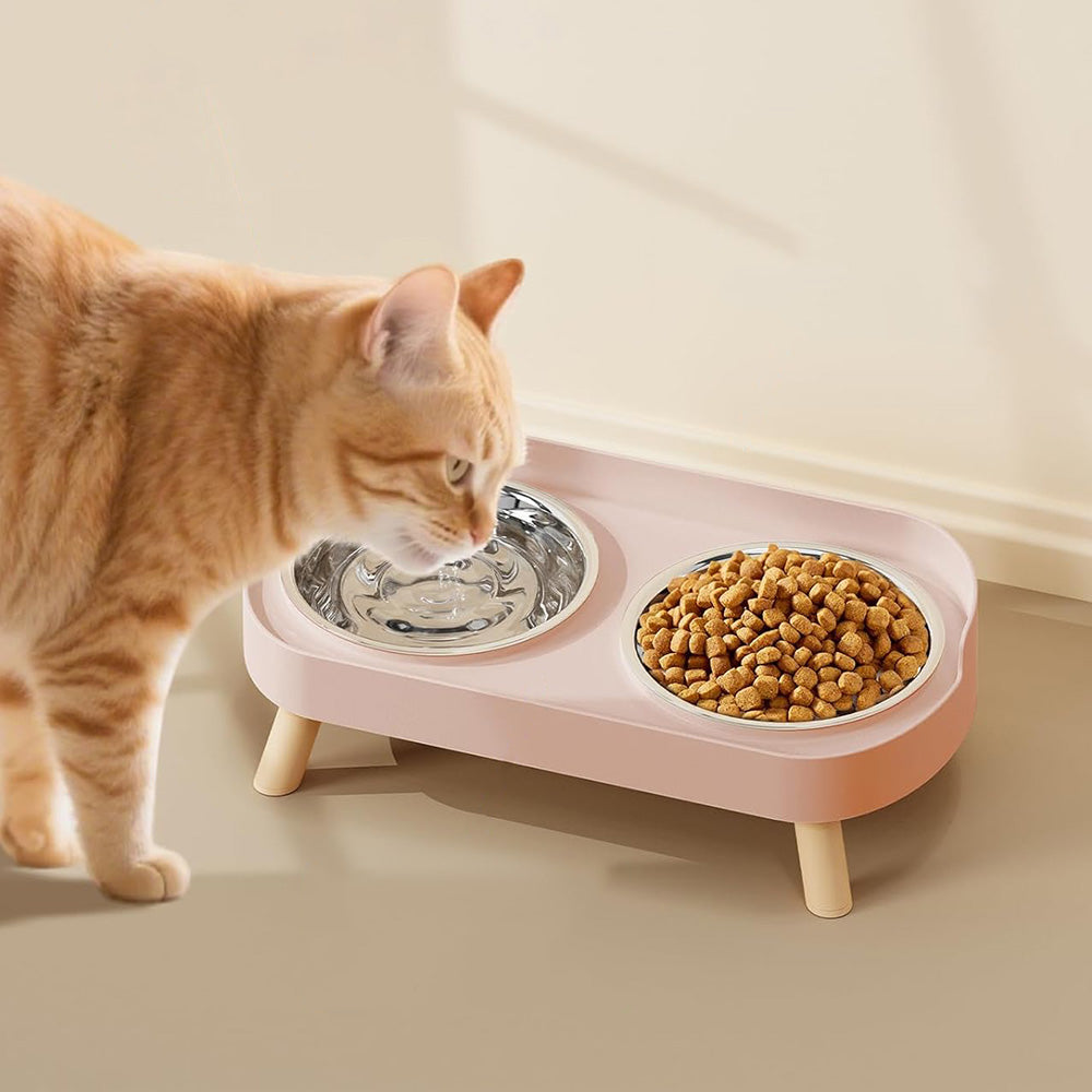 Elevated Double Stainless Steel Pet Food and Water Bowl Set-Pink
