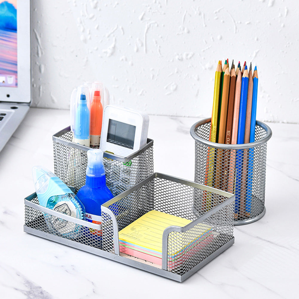 3 Compartment Mesh Pen Holder Desk Organizer Metal Office Supply Storage for Home School-Silver