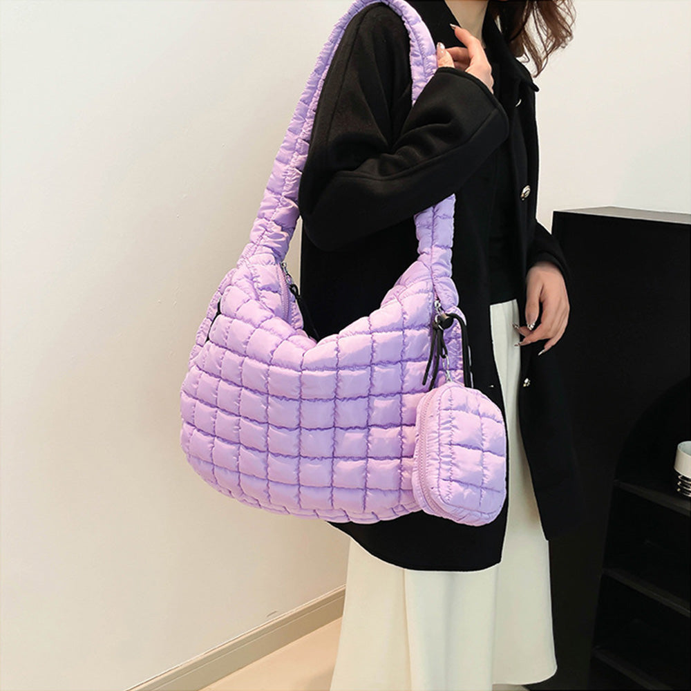Puffer Tote Bag Quilted Puffy Crossbody Carryall Handbag Purple