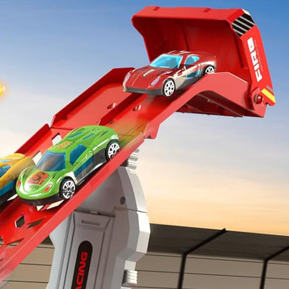 Large Dual Track Transporter Truck Toy Set with 6 Alloy Racing Cars - Red