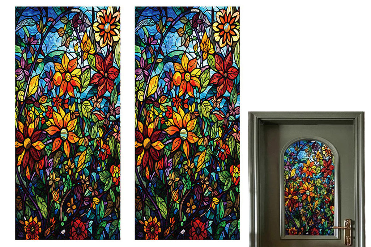 2Pcs Static Cling Windows Film Frosted Stained Glass Stickers Flower Decor