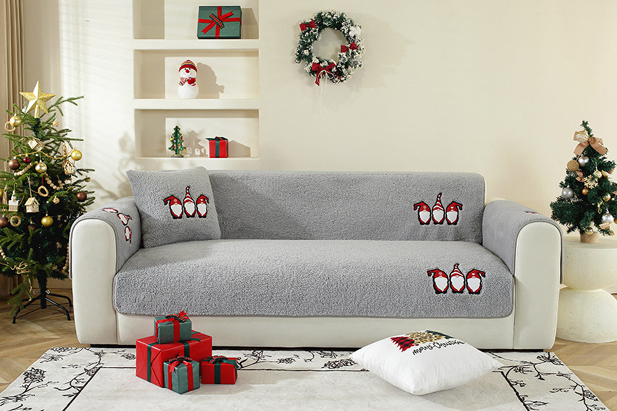 Christmas Sherpa Fleece Slipcover Protector Sofa Throw Cover Soft Thick Cozy Sofa Throw-Grey